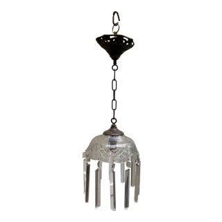 Vintage 1930s Single Bulb Brass and Crystal Chandelier For Sale