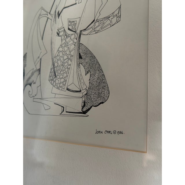 Original signed ink drawing titled “Queen & Her Parrot” by Los Angeles artist Joan Carl (1926–2021), dated 1986. Executed...