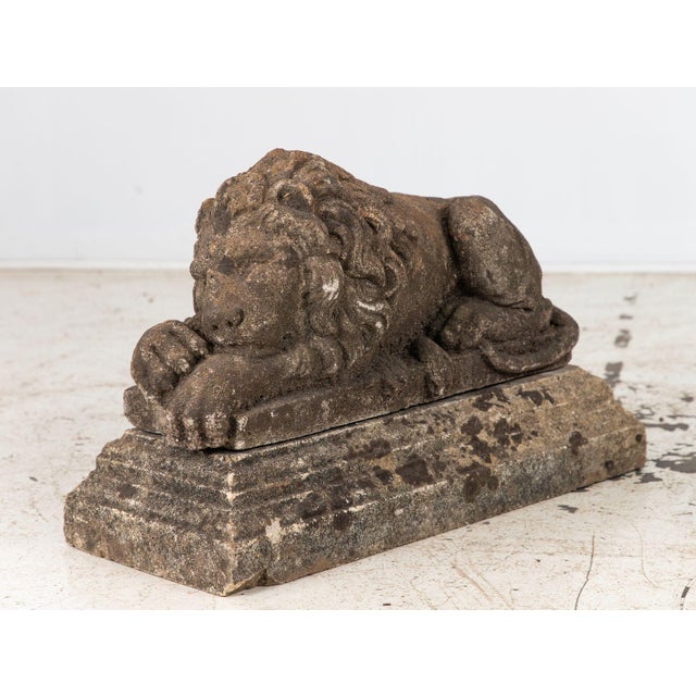 English Circa 1920 English Pair of Large Recumbent Concrete Lions For Sale - Image 3 of 12