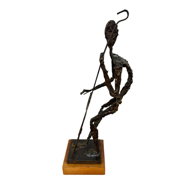 Mid-Century Brutalist Musician Figurine Sculpture on Wood Pedestal 24” H For Sale - Image 4 of 8