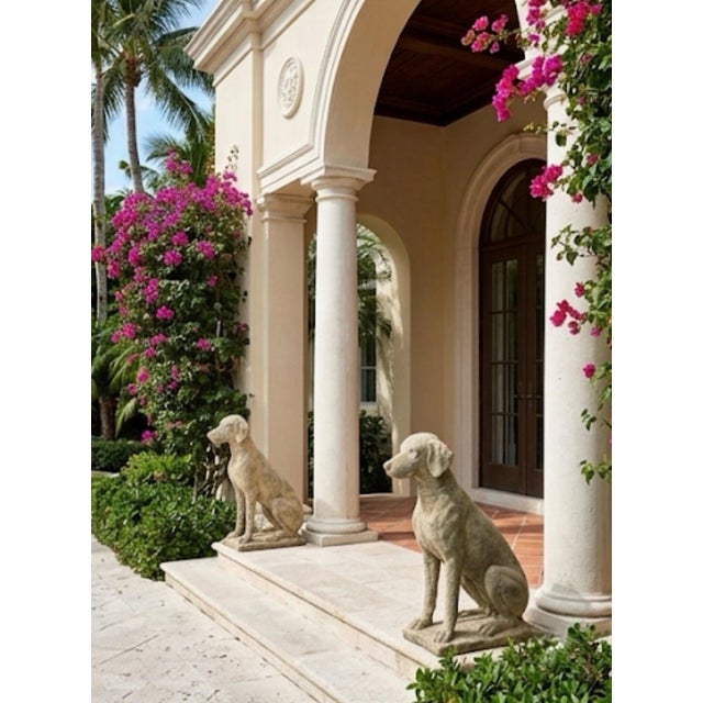 Stone Pair of Vintage Weathered Cast Stone Seated Hound Garden Statues For Sale - Image 7 of 11