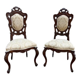 Toulon French Rococo Style Pair Mahogany and Walnut Side Chairs For Sale