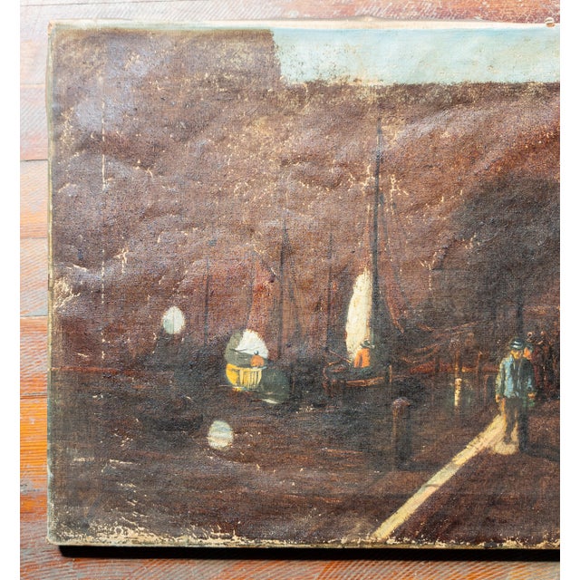 We are selling this very unique heavily distressed oil on canvas painting. The painting appears to be of harbor scene with...