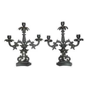 Pair of Antique 1800's Solid Patinated Bronze Candelabra Candle Holders Heavy