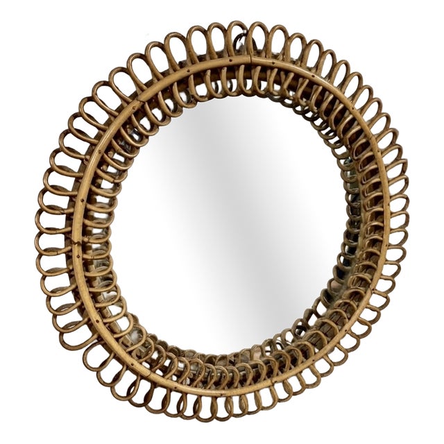 Round Mirror in Rattan and Bamboo attributed to Franco Albini for Bonacina, Italy, 1960s For Sale