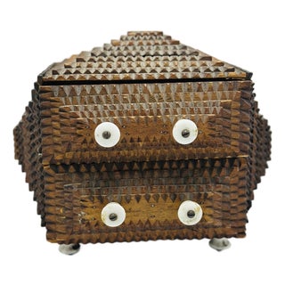 Antique Tramp Art Box With Porcelain Feet For Sale