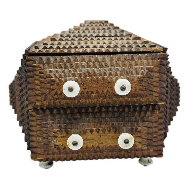Antique Tramp Art Box With Porcelain Feet For Sale