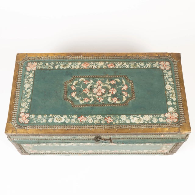 Chinese Early 19th Century Chinese Decorated Blue Leather Covered Wood Trunk For Sale - Image 3 of 8
