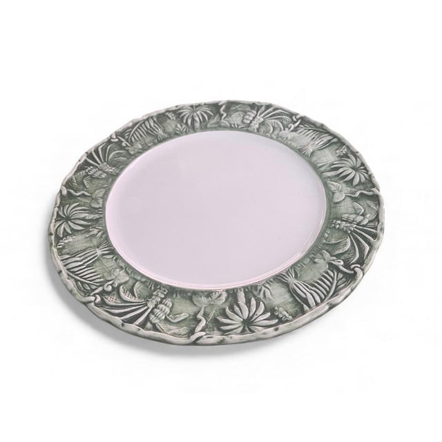 Italian Handmade Italian Ceramic Plate With Tropical Relief Rim in Sage Green For Sale - Image 3 of 4
