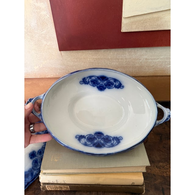 Ceramic Antique English Flow Blue Covered Tureen | Staffordshire Serving Dish | Attributed Adams & Son | Victorian Transferware For Sale - Image 7 of 12