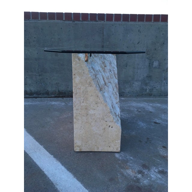 Postmodern Brass & Glass Pedestal Console Sofa Table in Tessellate Stone For Sale In Denver - Image 6 of 12