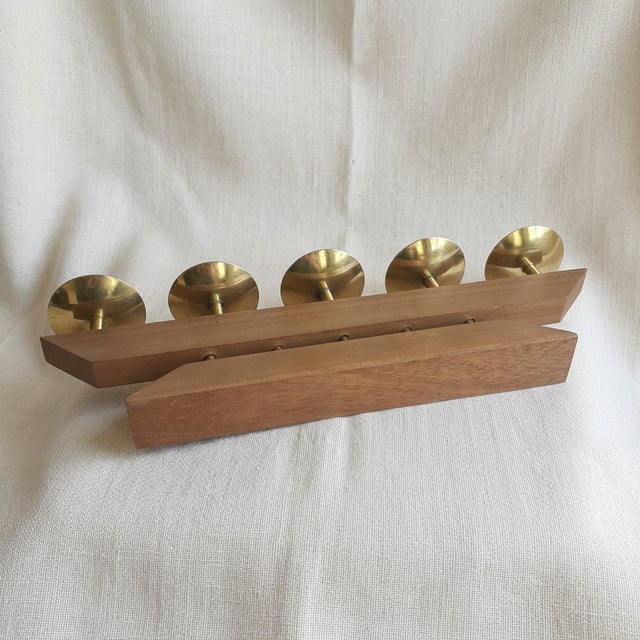 Contemporary Vintage Scandinavian Modernist Art Deco Candlestick in Teak Wood and Brass, 1960s For Sale - Image 3 of 6