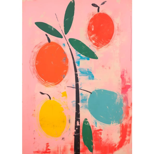 Capturing the essence of modern abstract art with a touch of nature, this "Abstract Citrus Trio on Pink Backdrop" art...