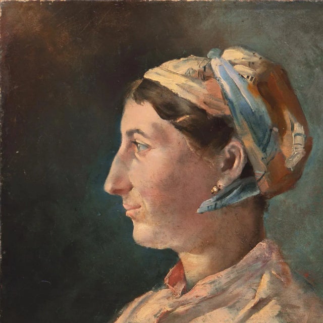 Realism 'Portrait of a Young Woman', Scandinavian School, Circa 1910, Gold Earring, Silk Scarf For Sale - Image 3 of 8