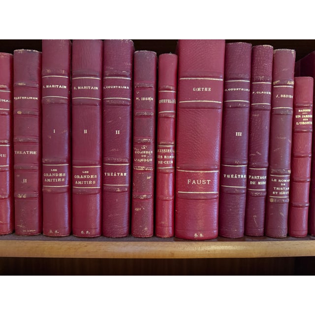 French Lot of 40 Vintage Leather Bound Books in French With Decorative Red Bindings For Sale - Image 3 of 8