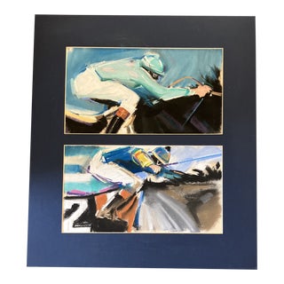 1970’s Vintage 2 Impressionist Jockey’s on Horseback Racing Original Pastel Drawings For Sale
