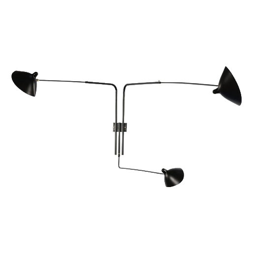 Black Three Rotating Straight Arms Wall Lamp by Serge Mouille For Sale