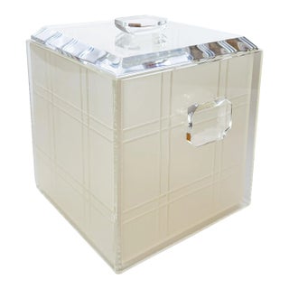 1970s Modern Heavy Lucite Ice Bucket With Liner and Emerald Cut Handles For Sale