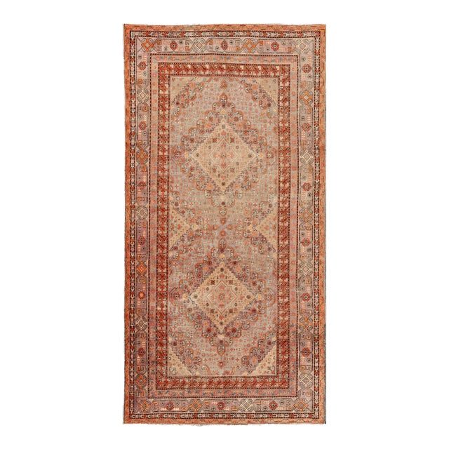 Antique Khotan Rug With Medallion Design in Muted Blue, Rust, and Soft Beige 6'6"x13'0" For Sale