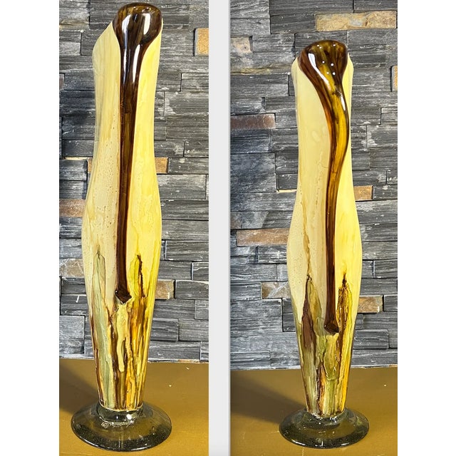20 Inch Tall Yellow Amber Art Glass Pedestal Vase With Slender Narrow Profile For Sale - Image 4 of 12