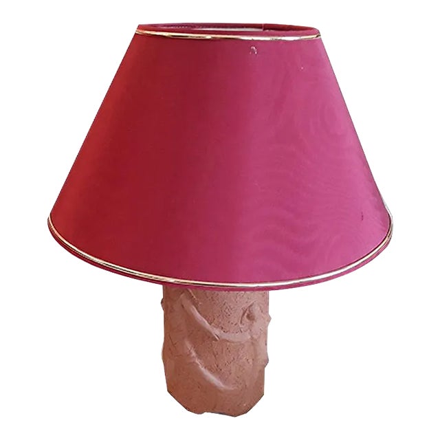 Vintage Table Lamp with Handmade Ceramic Column Base, Relief Decoration & Red Fabric Shade by Franke, 1977 For Sale