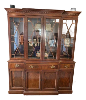Georgian Carved Mahogany Breakfront Bookcase Cabinet by Hickory