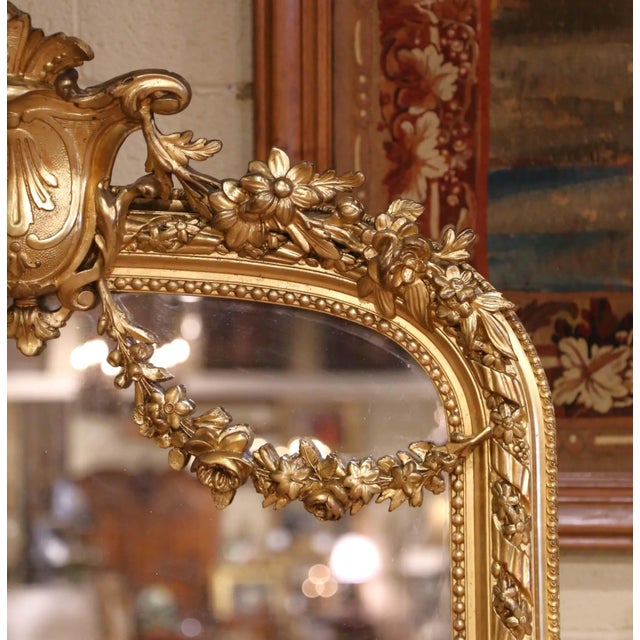 19th Century French Louis XVI Giltwood Mirror With Shield Crest and Floral Decor For Sale - Image 4 of 8