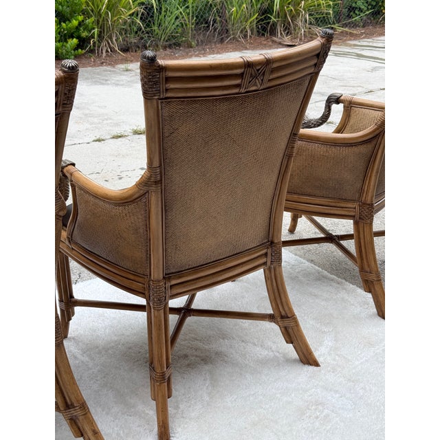 Set of 4 Asian Chinoiserie Faux Bamboo Armchairs With Sculptural Metal Fish Motifs For Sale - Image 15 of 17
