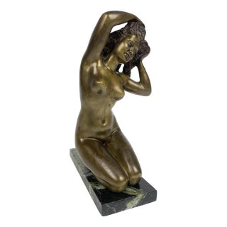 Sculpture of Woman in Gilt Bronze with Guatemala Green Marble Base, 1920s For Sale