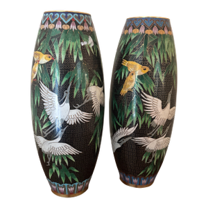 1940s Large Chinese Bronze Cloisonne Birds & Cranes Vases - A Pair