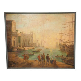 19th Century French Seaport Oil Painting After Claude Lorrain, 60.4 X 74.3 In For Sale