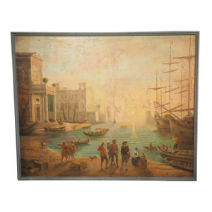 19th Century French Seaport Oil Painting After Claude Lorrain, 60.4 X 74.3 In