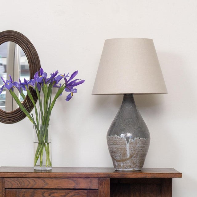 Vintage ceramic lamp from France, 1950s. Glazed ceramic base in blue, grey, and green tones with light brown speckled...