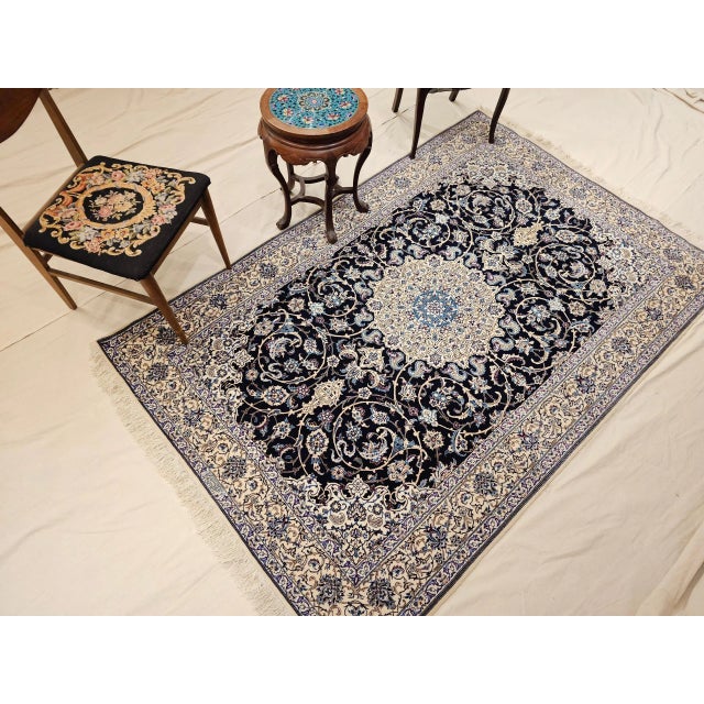 Vintage Persian Nain Habibian Rug, Handwoven Floral Pattern With Silk Highlights, Navy & Blue. 5’ X 8’ For Sale - Image 12 of 12