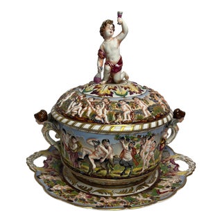 Antique Capodimonte Naples Decorated Porcelain Tureen & Underplate For Sale