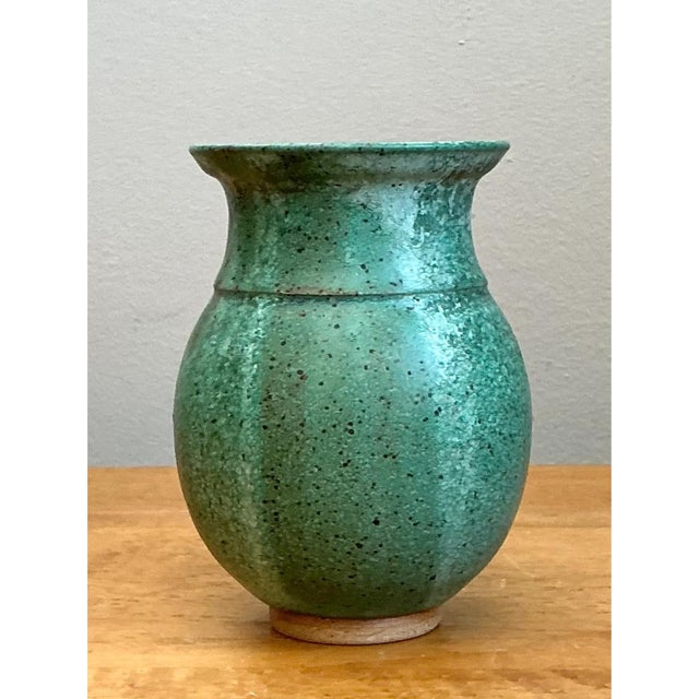 Mid-Century Modern Vintage Speckled Green Ceramic Vase For Sale - Image 3 of 12