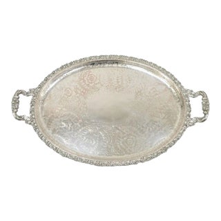 Antique English Victorian Art Nouveau Floral Repousse Oval Serving Platter Tray For Sale