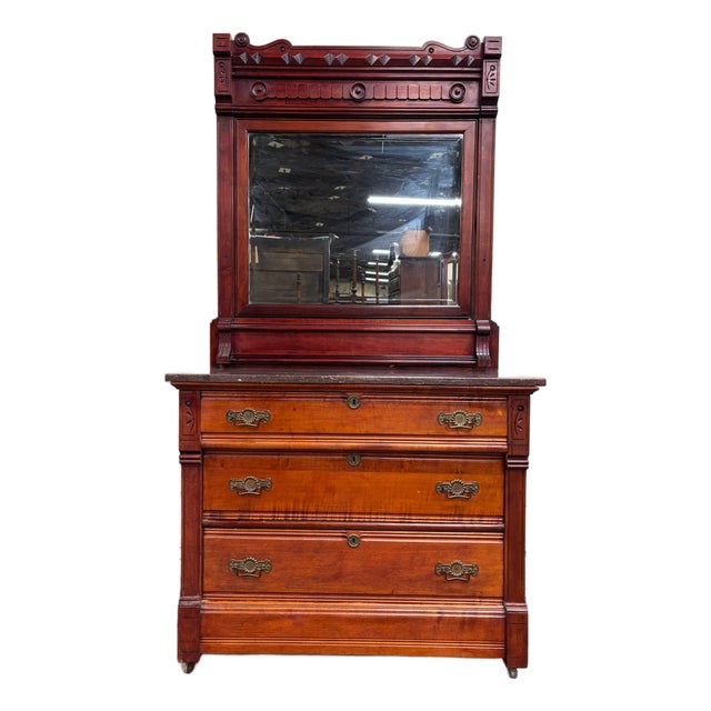 Antique Victorian Eastlake Marble Top Walnut Dresser With Mirror For Sale