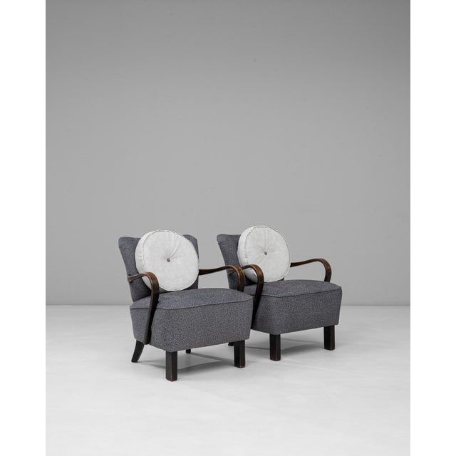 Wood 1940s Czech Art Deco Upholstered Armchairs With Round Pillows - A Pair For Sale - Image 7 of 18