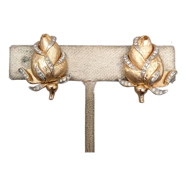 Vintage Circa 1960s Signed Crown Trifari Goldtone & Clear Rhinestone Rose Bud Clip Earrings-2 Pieces For Sale