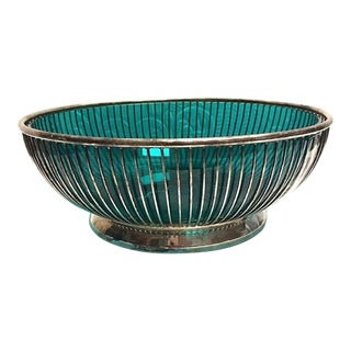 Vintage Mid-Century Italy Gorham Silverplated With Aqua Glass Bowl For Sale