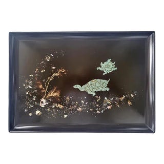 Mid 20th Century Couroc of Monterey Tray With Turquoise Inlay Turtles and Coral For Sale
