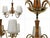 The fixture features a polished metallic frame with gracefully curved arms, a warm wooden central column with dark...