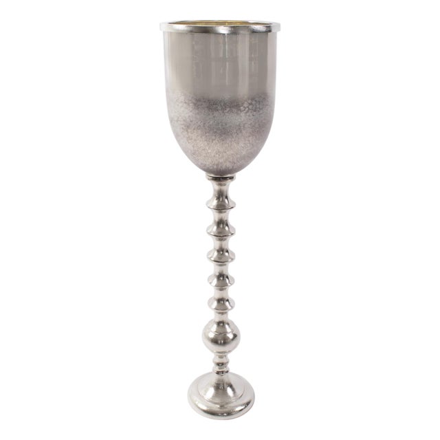 Black Diamond Glass Chalise on a Nickel Turned Metal Stand- Large For Sale
