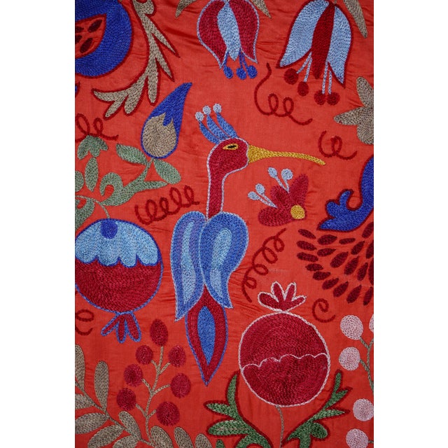 Red Uzbek Suzani Embroidered Wall Hanging – Pomegranate, Bird & Horse Boho Textile 3'4'' X 6'2'' For Sale - Image 9 of 12