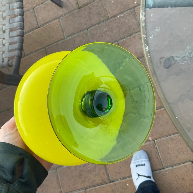 Empoli Mid Century Yellow Empoli Cased Glass Apohecary Jar With Green Pedestal For Sale - Image 4 of 5