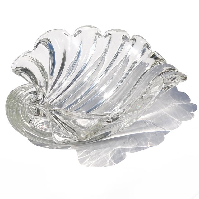 Cartier Signed Seguso Murano Vintage Crystal Clear Ribbed Surface Italian Art Glass Seashell Shell Bowl For Sale - Image 10 of 11