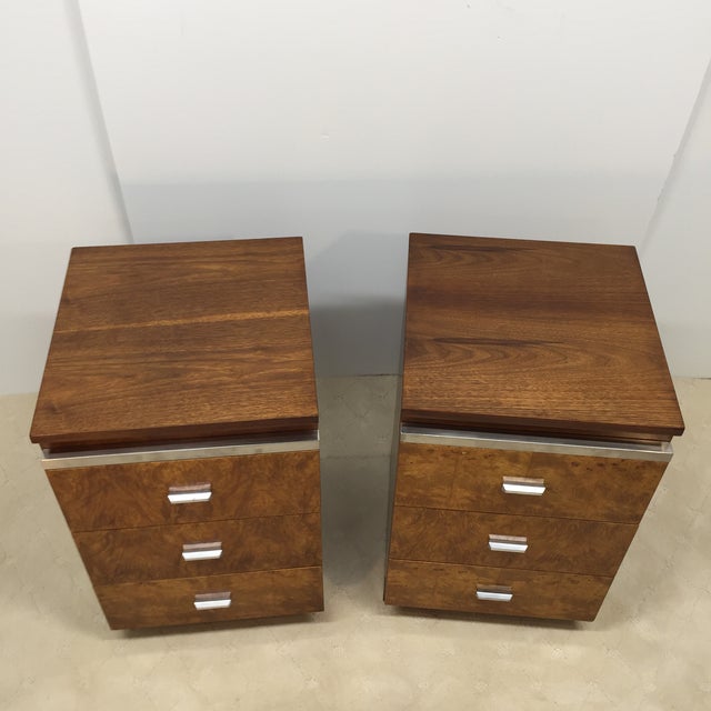 Pair of Walnut Three Drawer Nightstands With Burl Fronts and Silver Accents by National Mt. Airy For Sale In Philadelphia - Image 6 of 14