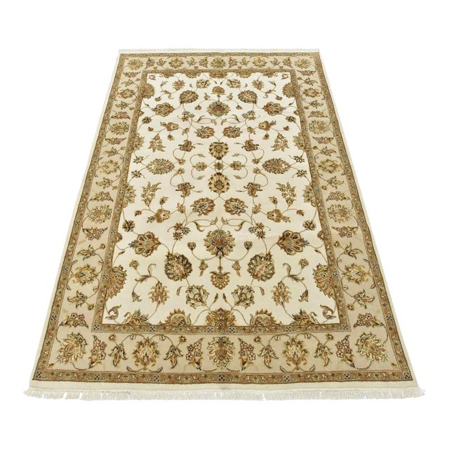 Agra Rug 6'2'' X 9'6'' Cream Wool/Silk Traditional Hand-Knotted Oriental Carpet For Sale