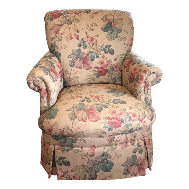 1990s Highland House Floral Slipcovered Swivel Armchair With Skirt & Casters For Sale